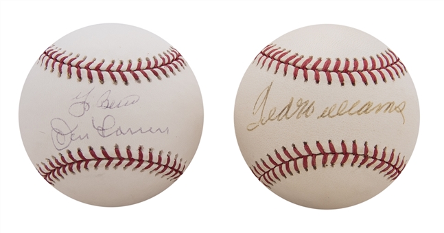 Lot of (2) Signed Baseballs Including Ted Williams OAL Brown Baseball and Yogi Berra and Don Larsen Dual Signed OML Selig Baseball (JSA & Steiner)